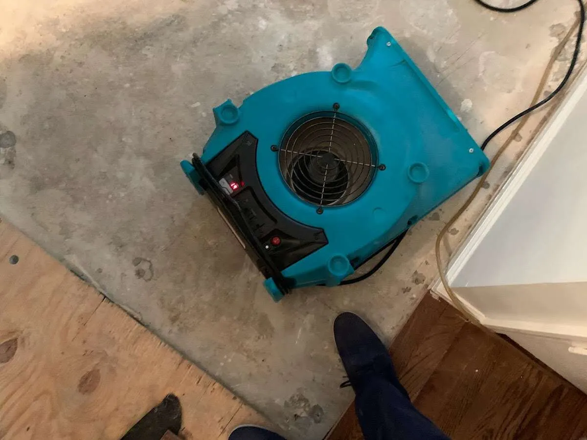 Air mover drying subfloor during Commercial Water Damage Restoration in Warrington